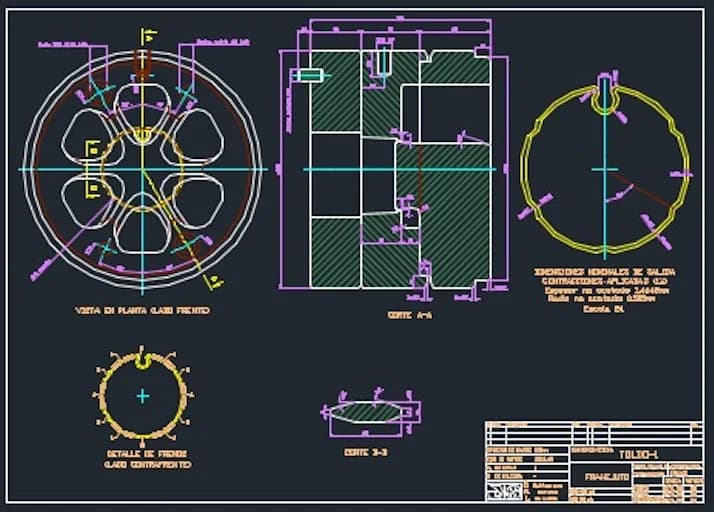 Plano de AutoCAD de Frahejuto de la matriz del tubo de toldo: vista en planta, corte y detalle de puentes