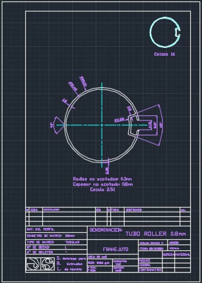 Plano de AutoCAD de Frahejuto del tubo roller de 0,8 mm, con las cotas de la sección